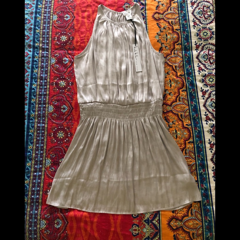 NICOLE MILLER SATIN CREAM MINI DRESS WITH ELASTIC SMOCKING WAIST.NEW WITH TAGS!!